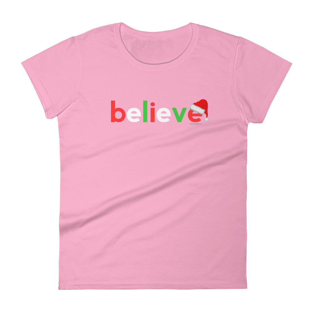 Believe Christmas T-Shirt for Women White Red Green
