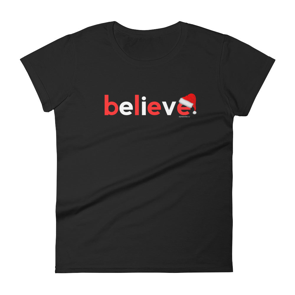 Believe Christmas T-Shirt for Women White Red
