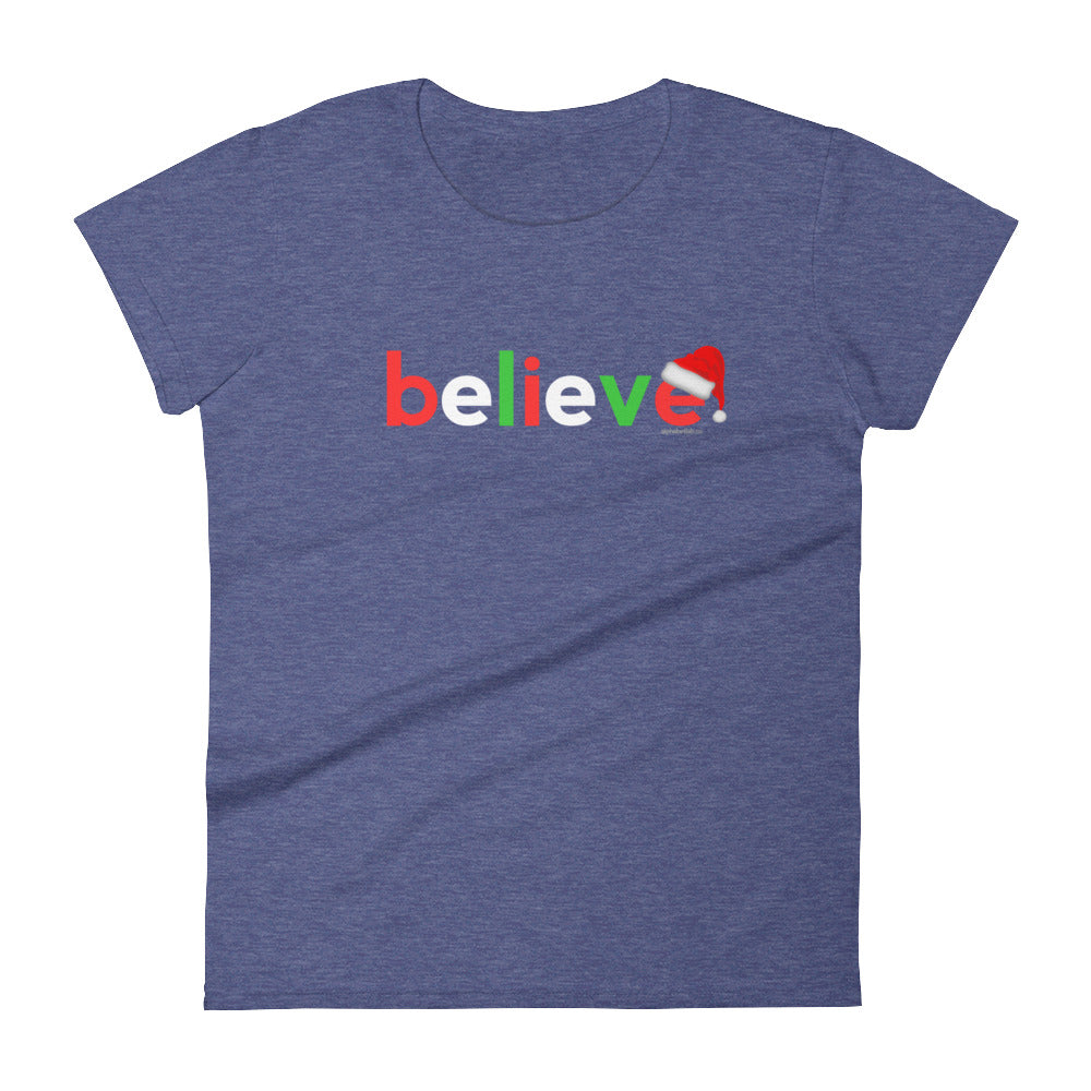 Believe Christmas T-Shirt for Women White Red Green